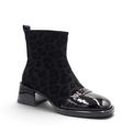 ShoeShop Loretta Vitale black leather ankle boots with leopard print suede, patent toe cap, and 5cm block heel.