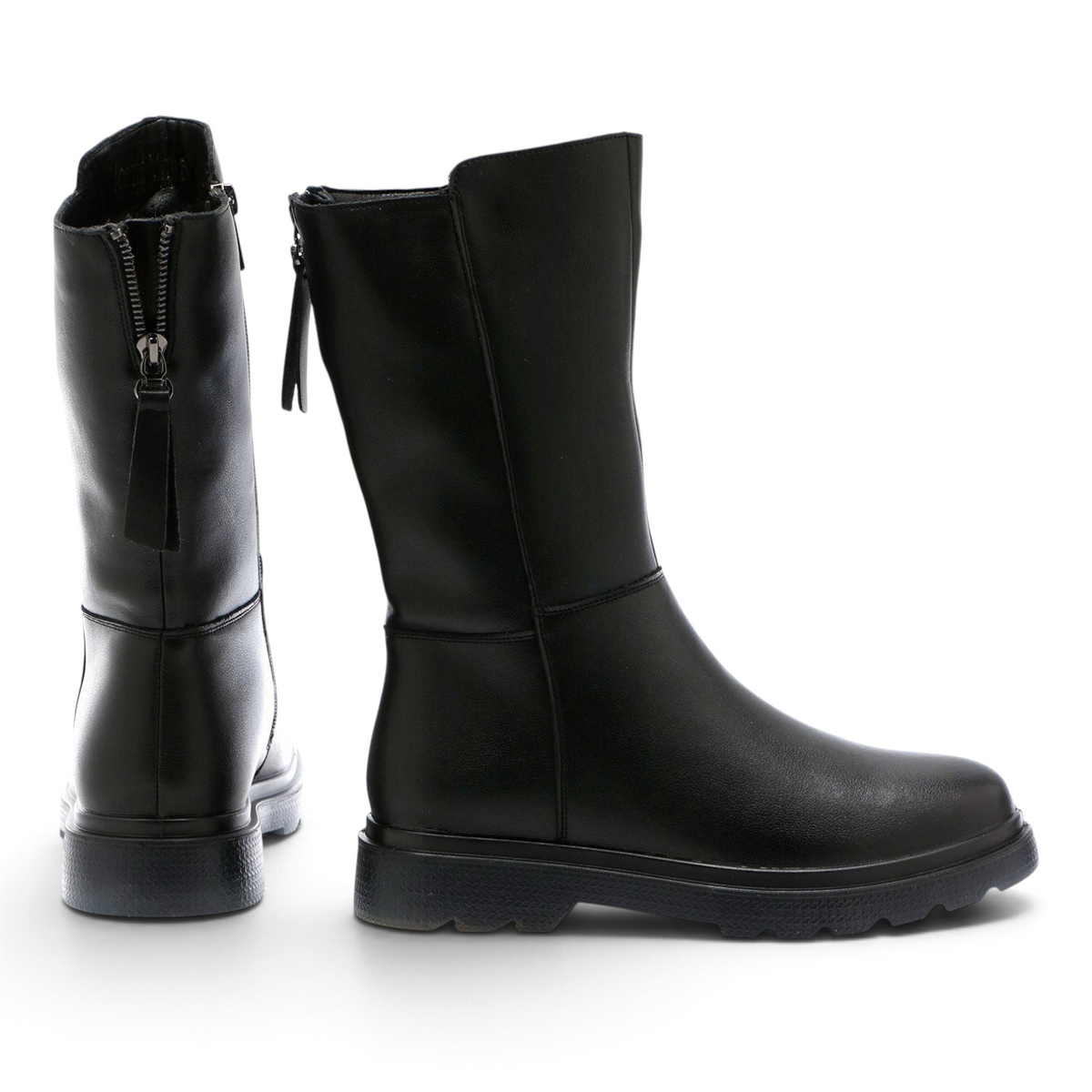 ShoeShop Loretta Vitale W3503A black leather mid-calf boots with textile lining and chunky rubber soles