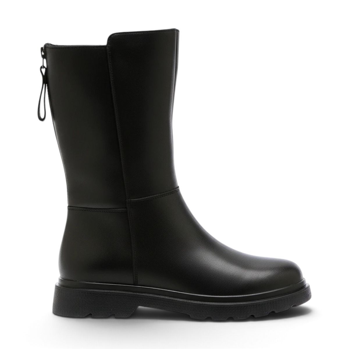 ShoeShop Loretta Vitale black leather mid-calf boots with a back zipper and warm textile lining on a rubber sole