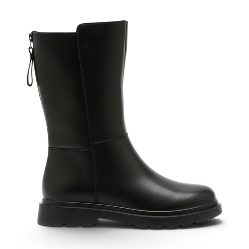ShoeShop Loretta Vitale black leather mid-calf boots with a back zipper and warm textile lining on a rubber sole