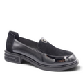 ShoeShop Loretta Vitale black leather loafers with a mix of patent and suede textures and a chunky rubber sole