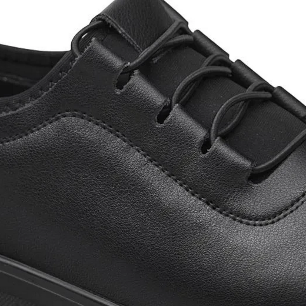 ShoeShop Loretta Vitale W1803 black leather casual sneaker with elastic lace-up detail and textured finish