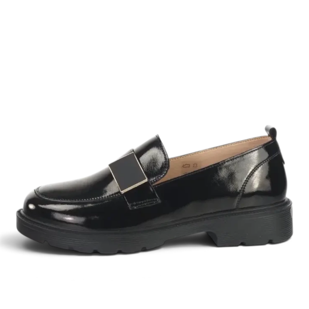 ShoeShop Loretta Vitale black patent leather loafers with a chunky rubber sole and metallic buckle detail