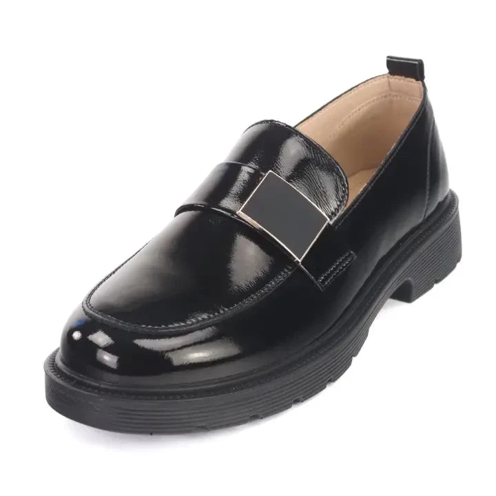 ShoeShop Loretta Vitale W2901B black patent leather loafers with a chunky rubber sole and metal hardware detail