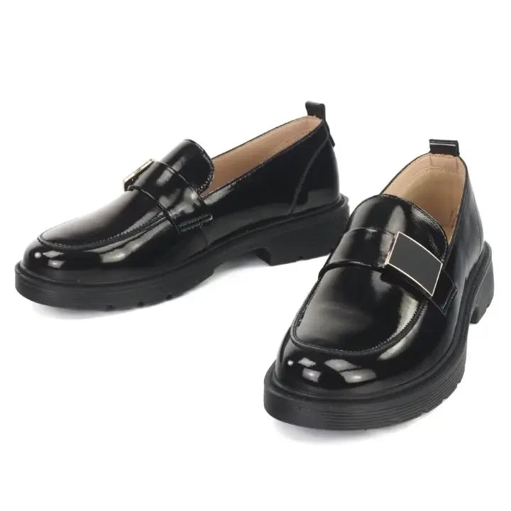 ShoeShop Loretta Vitale black patent leather loafers with a chunky rubber sole and metallic buckle detail
