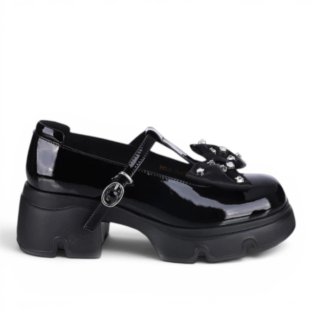 ShoeShop Loretta Vitale W5330 black patent leather T-strap platform shoes with a jeweled bow detail