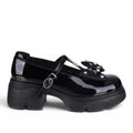 ShoeShop Loretta Vitale W5330 black patent leather T-strap platform shoes with a jeweled bow detail