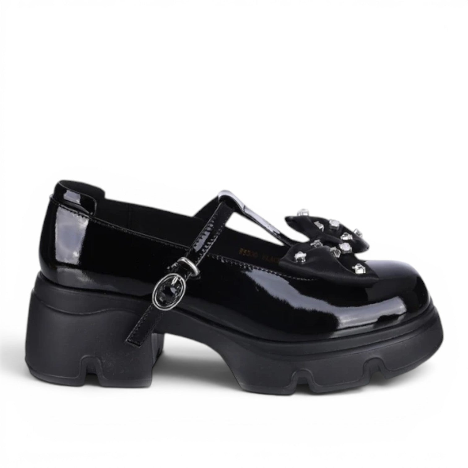 ShoeShop Loretta Vitale W5330 black patent leather T-strap platform shoes with a jeweled bow detail