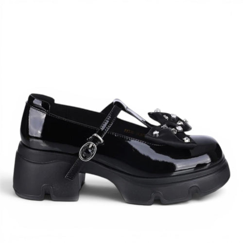ShoeShop Loretta Vitale W5330 black patent leather T-strap platform shoes with a jeweled bow detail