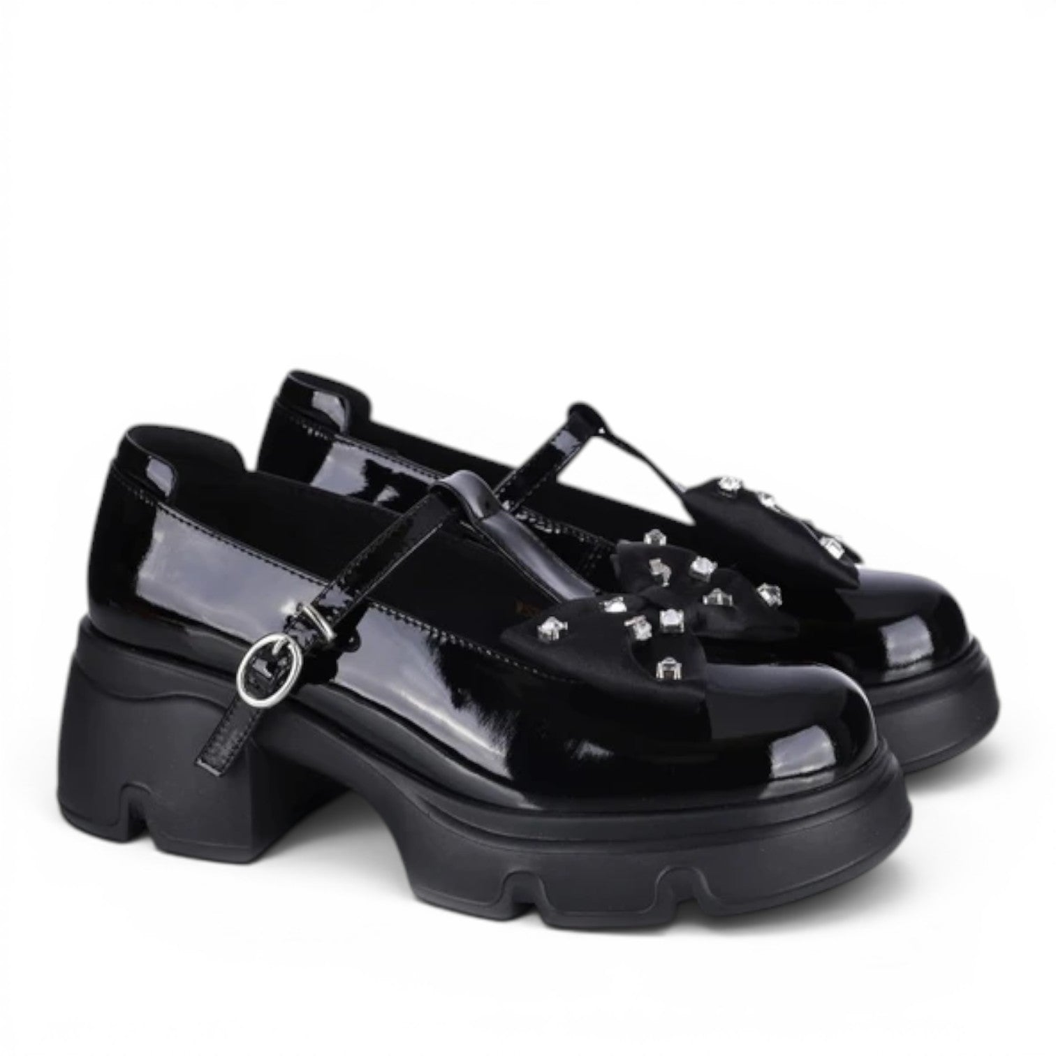 ShoeShop Loretta Vitale W5330 black patent leather T-strap platform shoes with crystal-embellished bow detail