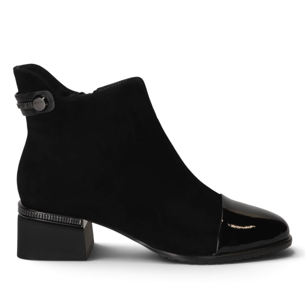 ShoeShop Loretta Vitale black suede ankle boot with patent leather toe cap and block heel