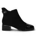 ShoeShop Loretta Vitale black suede ankle boot with patent leather toe cap and block heel