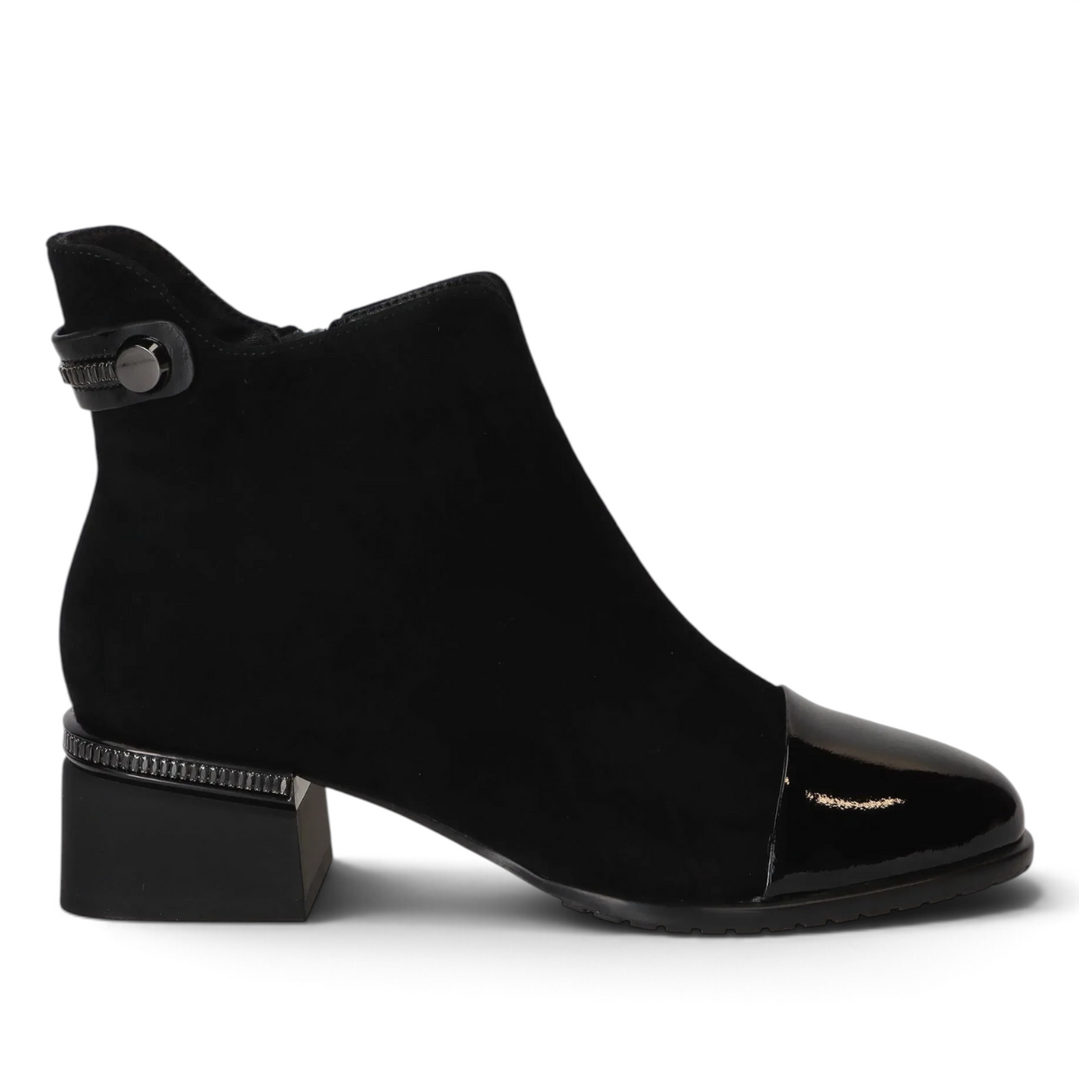 ShoeShop Loretta Vitale black suede ankle boot with patent leather toe cap and block heel