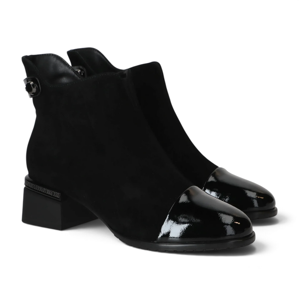 ShoeShop Loretta Vitale black suede ankle boots with patent leather toe cap and block heel
