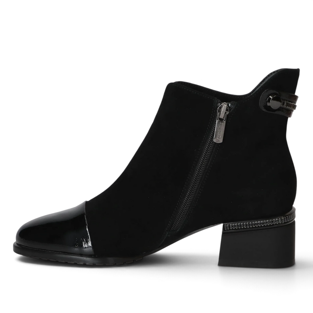 ShoeShop Loretta Vitale black suede ankle boots with patent leather toe cap, side zipper, and block heel