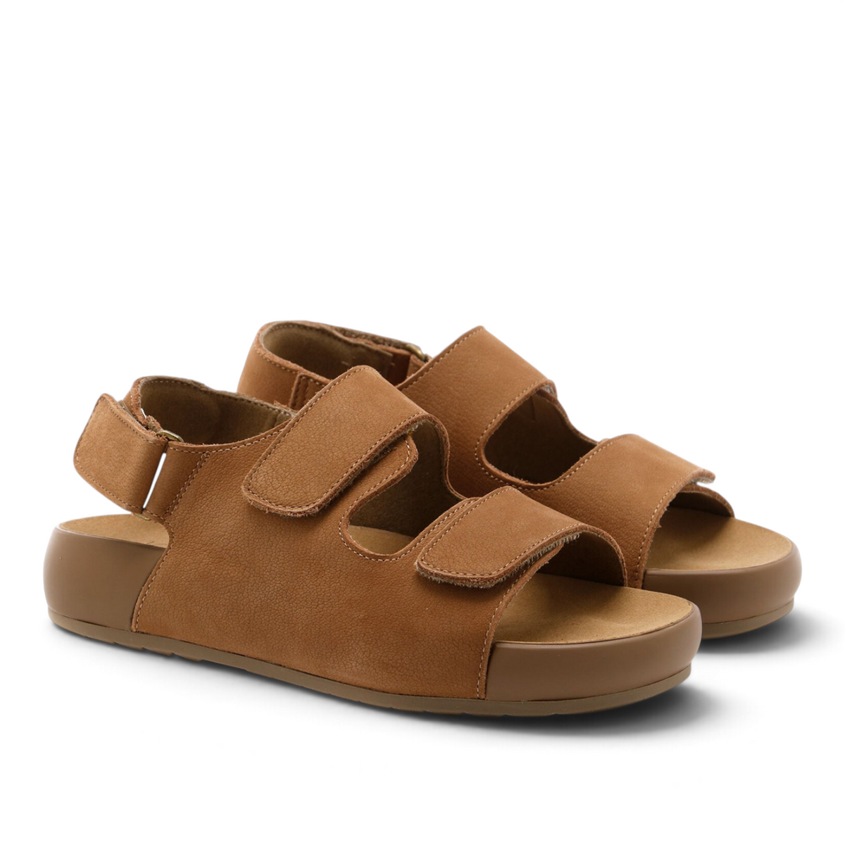 ShoeShop Loretta Vitale brown leather sandals with adjustable velcro straps and a comfortable flat sole