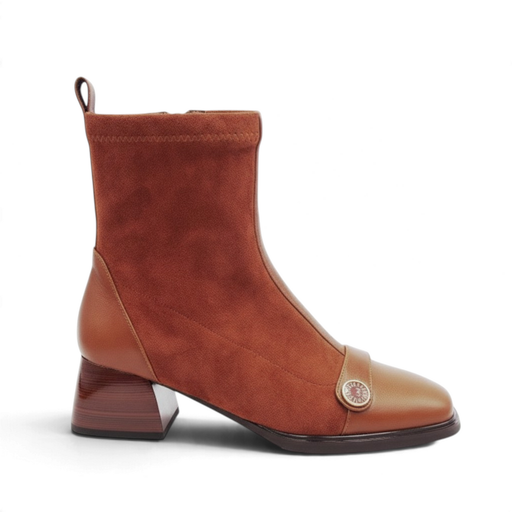 ShoeShop Loretta Vitale brown suede and leather ankle boots with a 5cm block heel and decorative side button