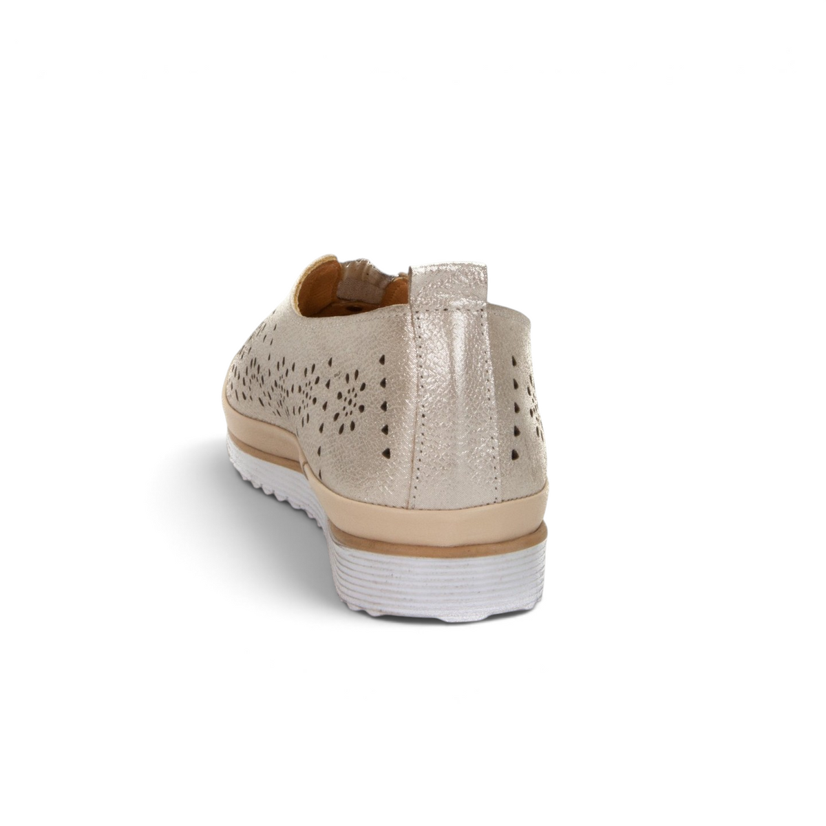 ShoeShop Loretta Vitale 8001 metallic beige leather slip-on shoes with laser-cut floral pattern and white platform sole