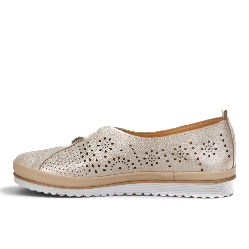 ShoeShop Loretta Vitale 8001 metallic gold slip-on shoes with laser-cut floral patterns and a white platform sole