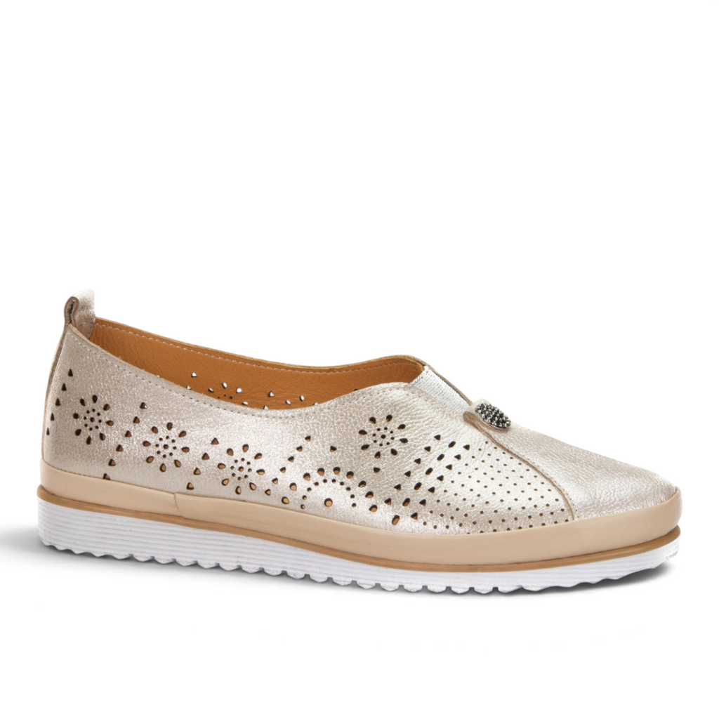 ShoeShop Loretta Vitale 8001 metallic gold slip-on shoes with laser-cut floral patterns and a white ridged sole