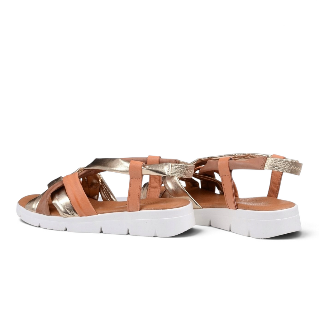 ShoeShop Loretta Vitale 1004 sandals featuring metallic gold and tan leather straps with a white platform sole