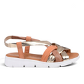 ShoeShop Loretta Vitale 1004 sandals featuring metallic gold and tan leather straps on a white platform sole.