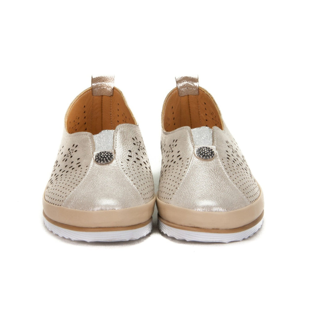 ShoeShop Loretta Vitale 8001 metallic beige slip-on shoes with laser-cut perforated details and decorative embellishment