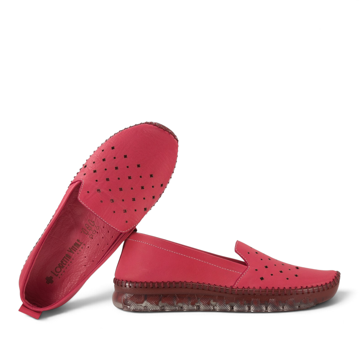 ShoeShop Loretta Vitale ES101 pink leather loafers with perforated detailing and a flexible textured sole