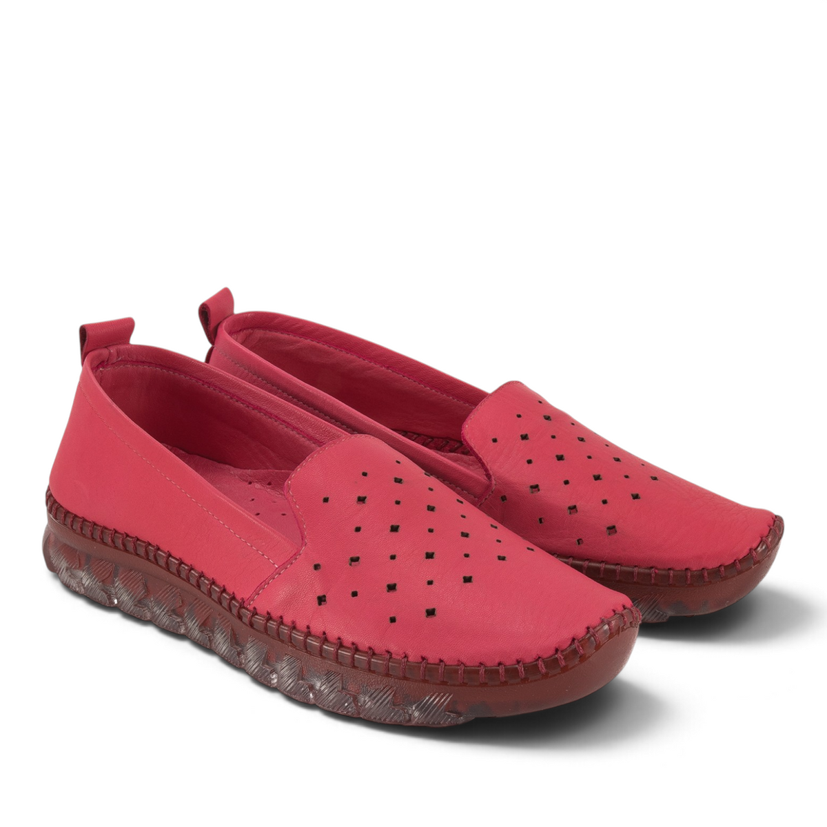 ShoeShop Loretta Vitale ES101 pink leather slip-on loafers with perforated detailing and a textured rubber sole