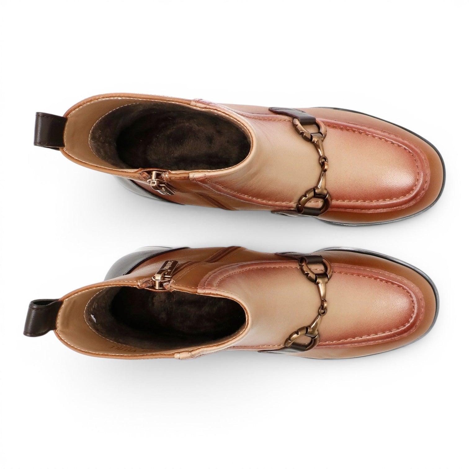 ShoeShop Loretta Vitale C3882 tan leather ankle boots with metal horsebit detail, top-down view