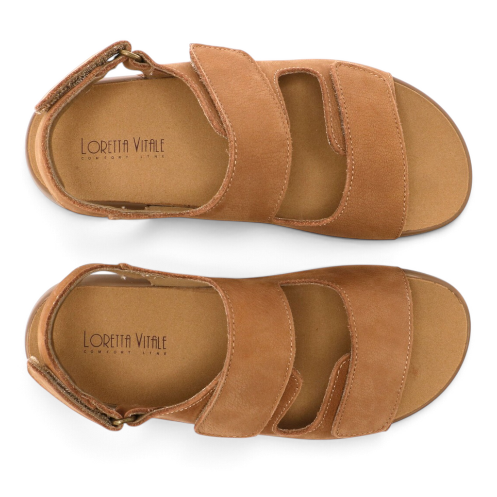 ShoeShop Loretta Vitale W5353C tan leather comfort sandals with adjustable velcro straps and cushioned footbed