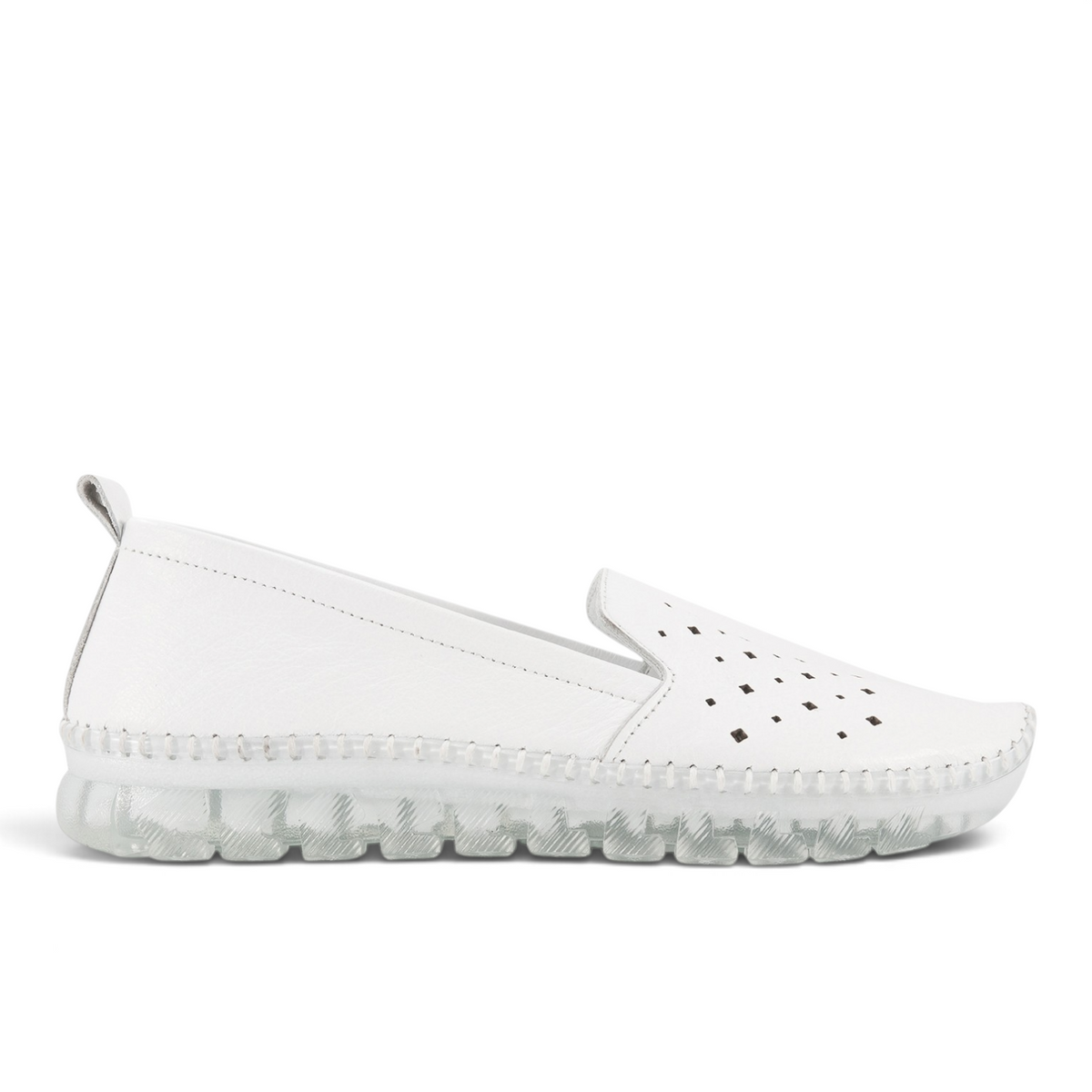 ShoeShop Loretta Vitale ES101 white leather slip-on loafers with perforated detailing and a clear rubber sole