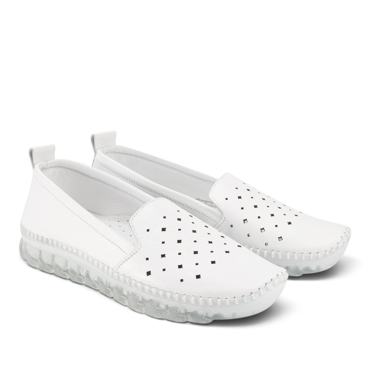 ShoeShop Loretta Vitale ES101 white leather loafers with laser-cut diamond patterns and a textured translucent sole