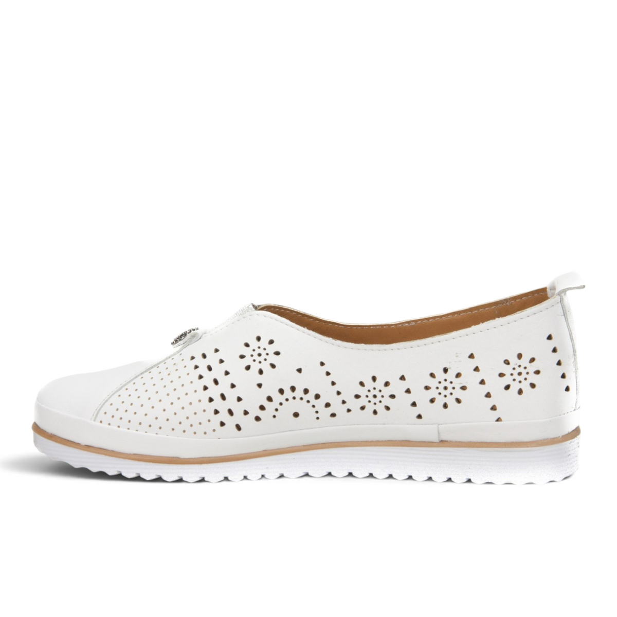 ShoeShop Loretta Vitale 8001 white leather slip-on shoes with decorative laser-cut floral patterns and a flat sole