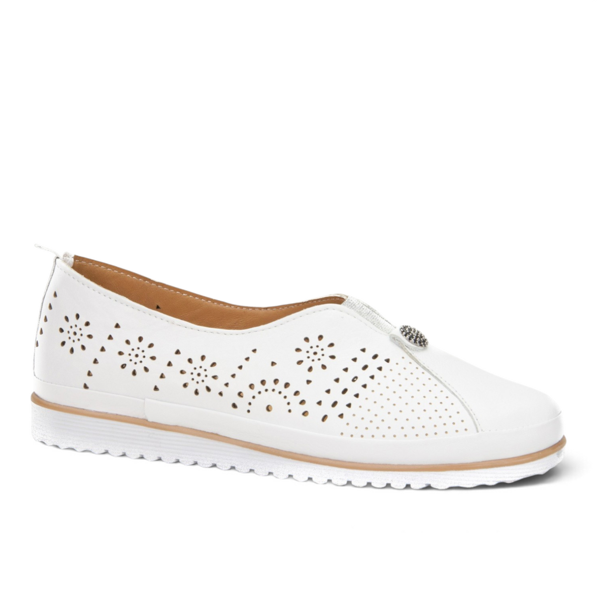 ShoeShop Loretta Vitale 8001 white leather slip-on shoes with laser-cut floral patterns and a decorative front detail