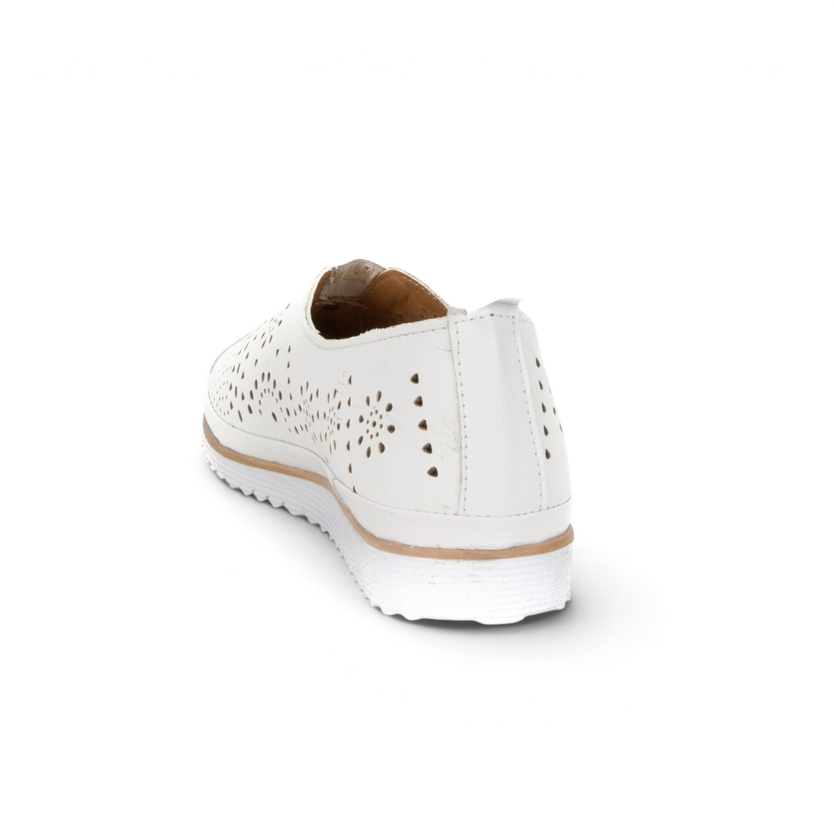 ShoeShop Loretta Vitale 8001 white leather casual shoe with laser-cut floral pattern and white ridged sole