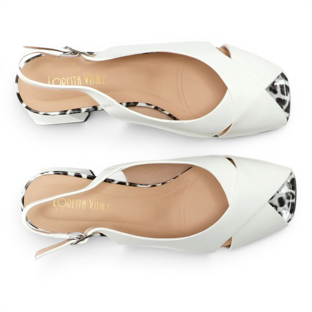 ShoeShop Loretta Vitale white slingback heels with a square toe and leopard print heel detail