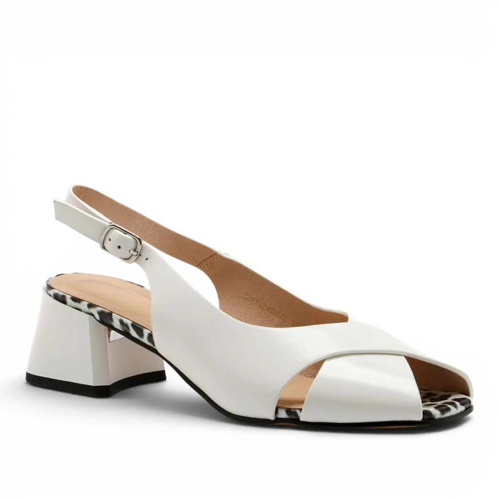 ShoeShop Loretta Vitale white leather slingback sandals with a low block heel and leopard print detail