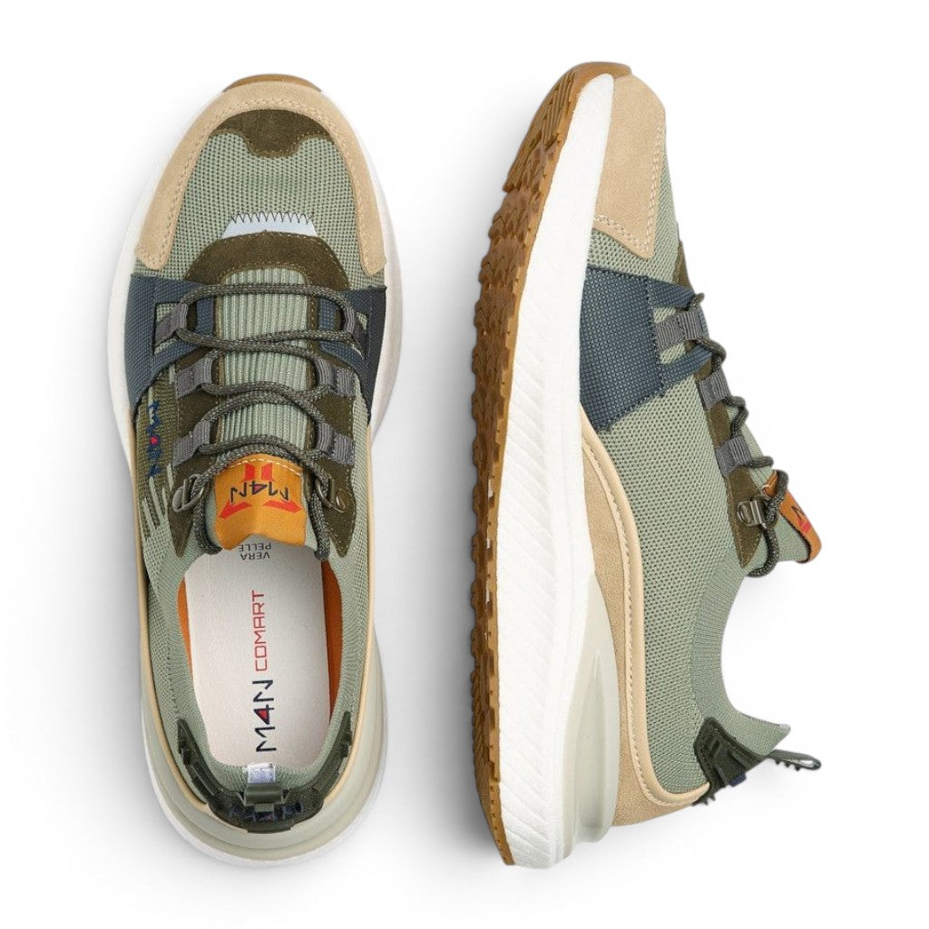 ShoeShop M4N 5L6048 olive green sneakers with suede and mesh panels, white midsole, and rugged gum rubber outsole.
