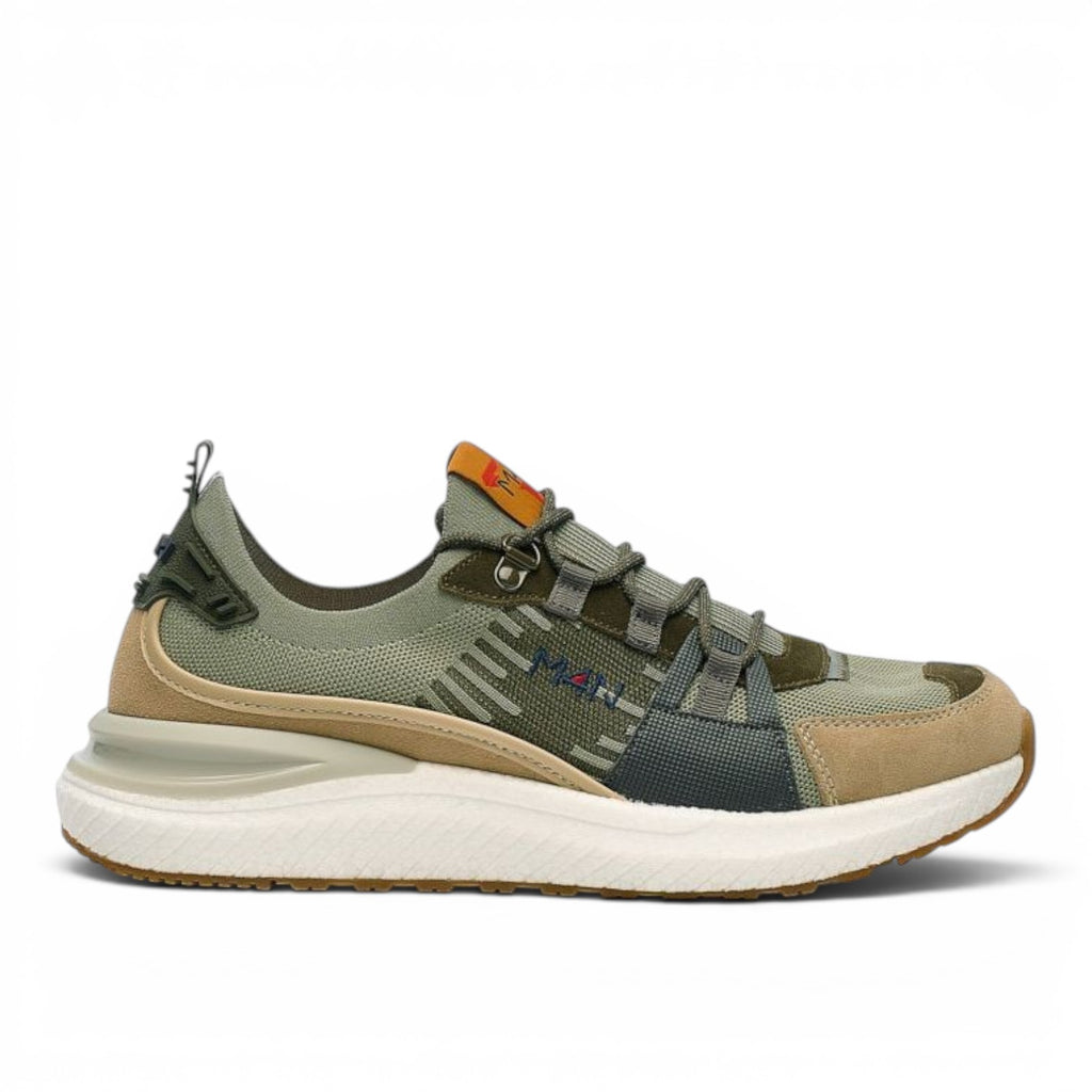 ShoeShop M4N 5L6048 olive green sneakers with mesh and suede panels, featuring a white cushioned sole and hiking laces.