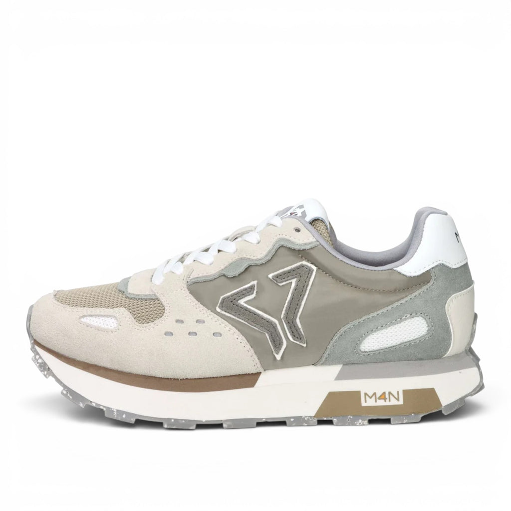 ShoeShop M4N 916045 beige and grey suede and mesh sneakers with a chunky platform sole and logo detail.