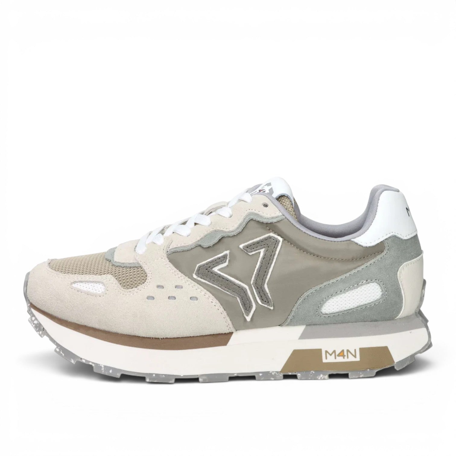 ShoeShop M4N 916045 beige and grey suede and mesh sneakers with a chunky platform sole and logo detail.