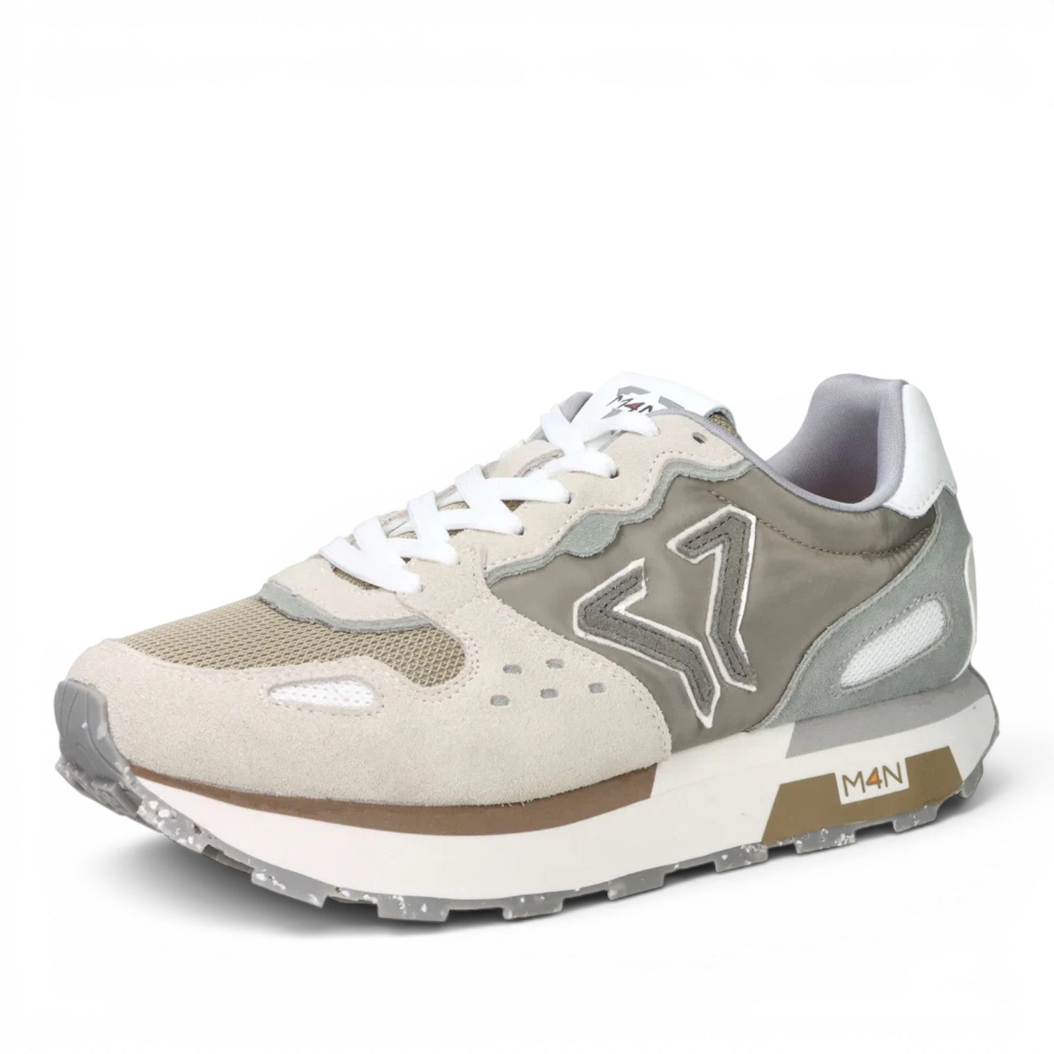 ShoeShop M4N 916045 beige and grey suede and mesh sneakers with white laces and a chunky speckled rubber sole.