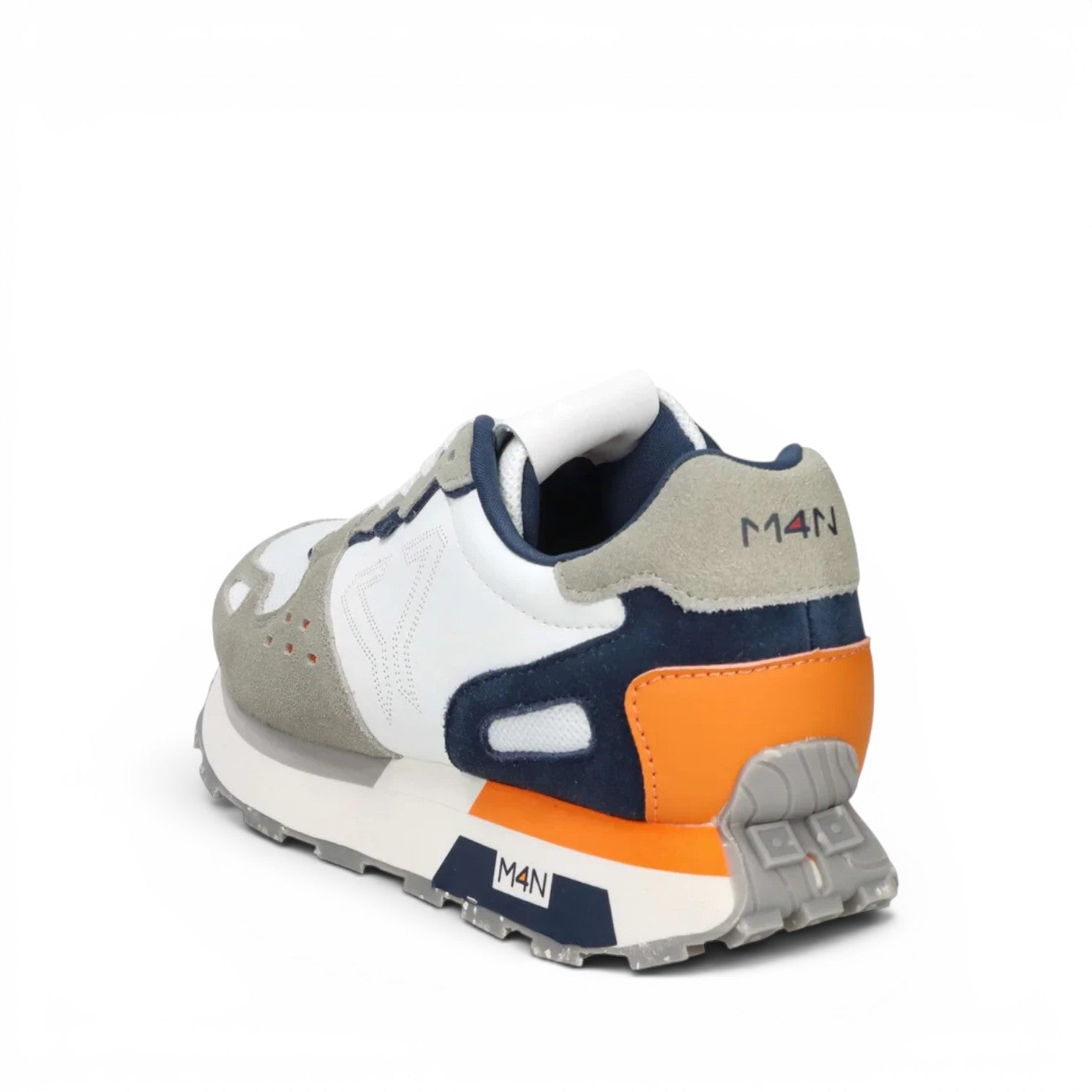 ShoeShop M4N 916045 sneakers featuring a white, grey, navy, and orange colorway with suede and leather detailing.