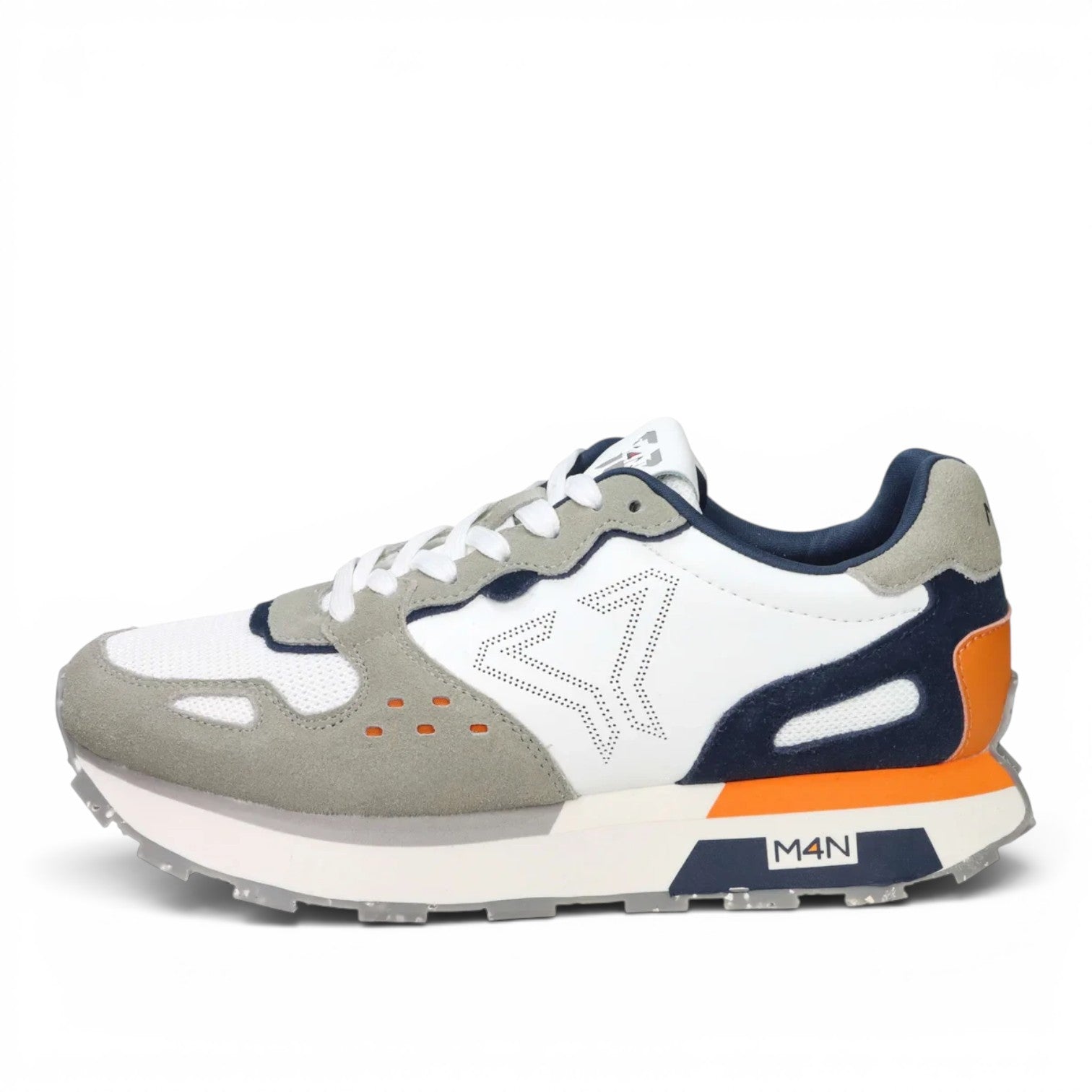 ShoeShop M4N 916045 sneakers in white, grey, and navy with orange accents, featuring a chunky sole and mesh panels.