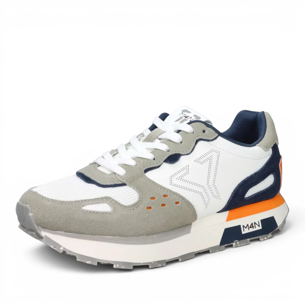 ShoeShop M4N 916045 sneakers in white, grey, and navy with orange accents, featuring suede and mesh panels.