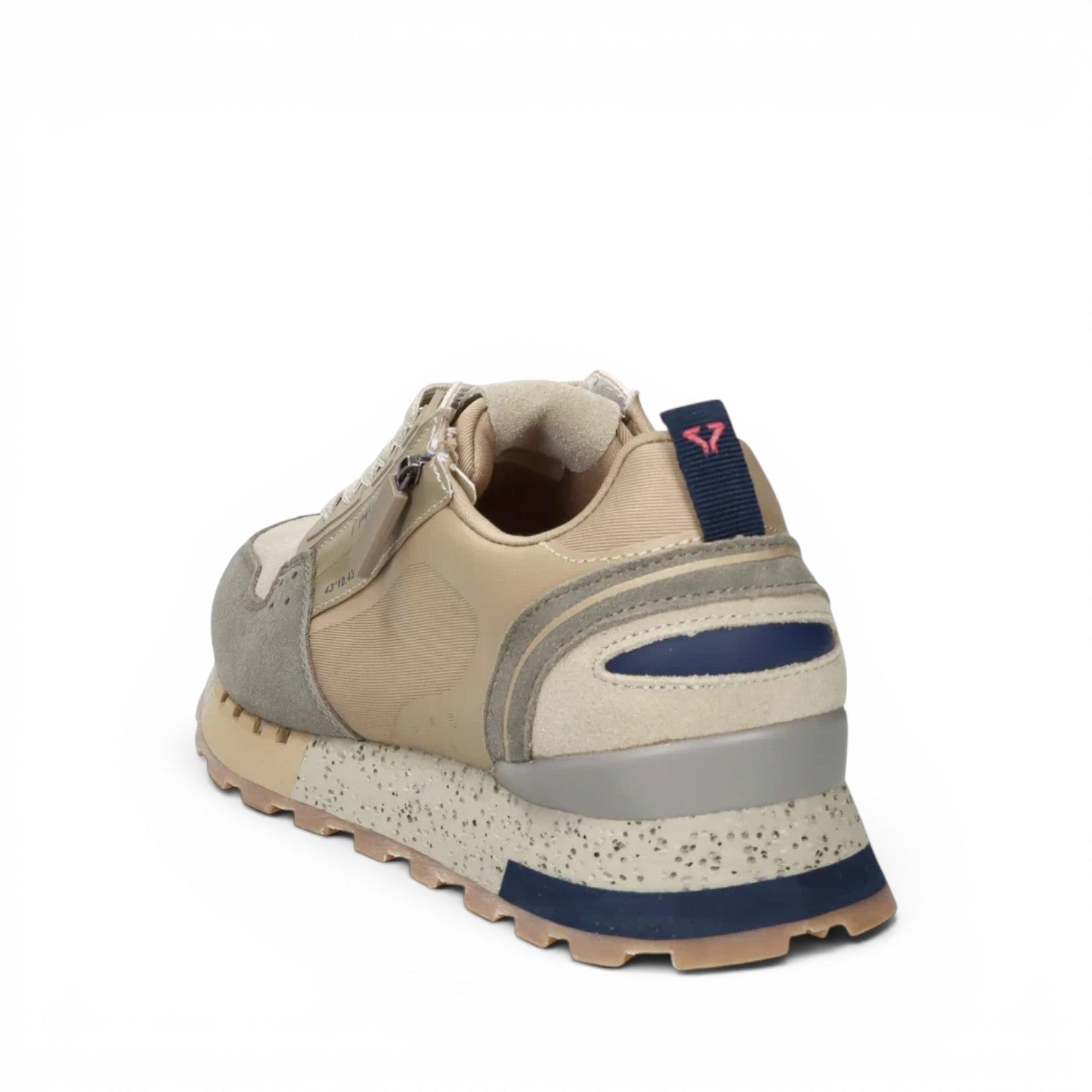 ShoeShop M4N 9Q6042 beige leather and textile sneakers with a speckled rubber sole and blue heel detailing.