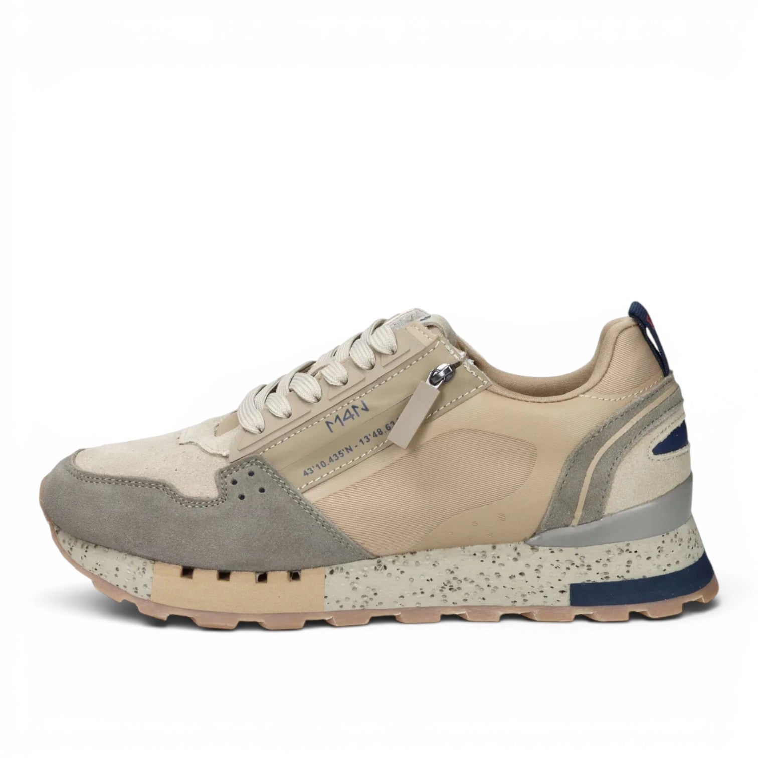 ShoeShop M4N 9Q6042 beige and grey leather and textile sneakers with side zipper and speckled rubber sole
