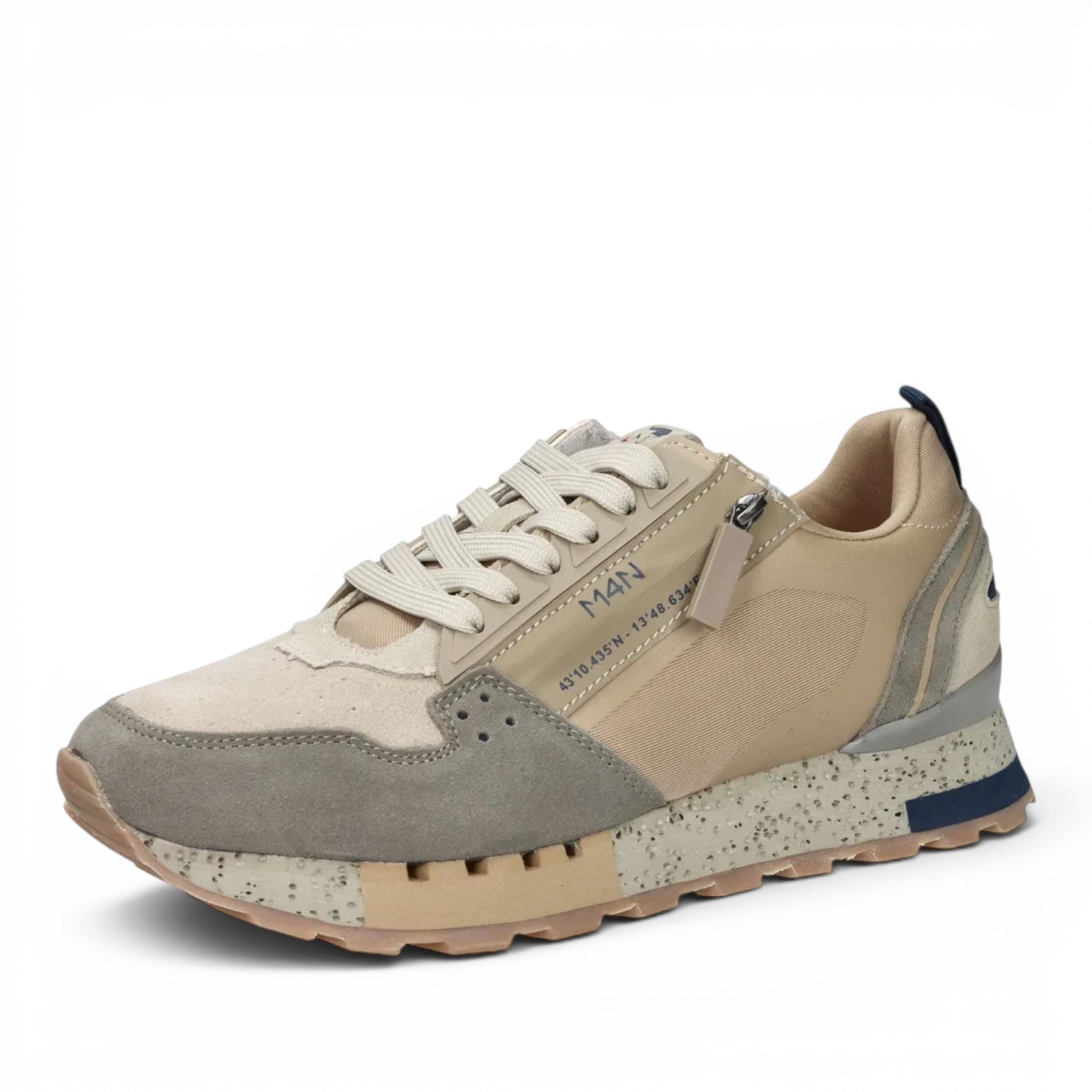 ShoeShop M4N 9Q6042 beige and grey leather and textile sneakers with side zipper and speckled rubber sole