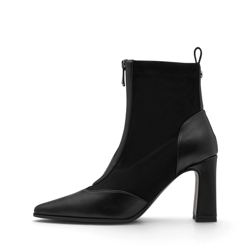 ShoeShop Marco Tozzi black ankle boots with a pointed toe, front zipper, and a high block heel.